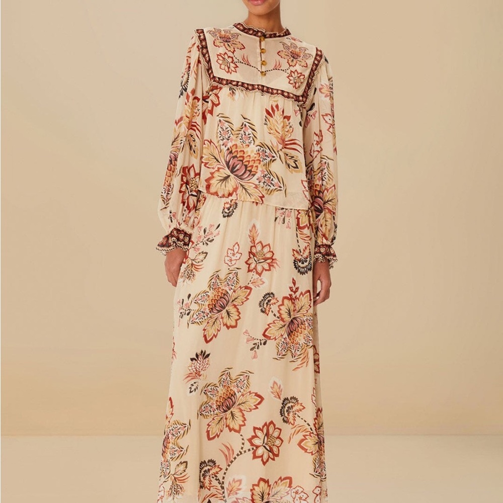 FARM Rio Sand Aura Floral Midi Skirt and Long Sleeve Blouse